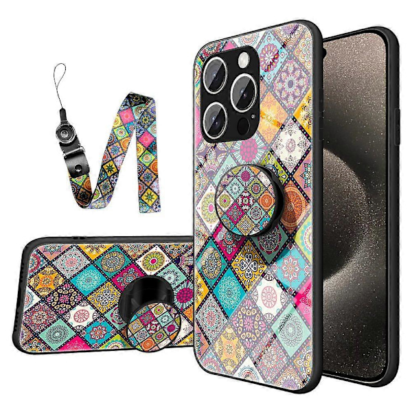 iPhone 16 Pro -kotelo, jalusta, etninen kuvio, karkaistu lasinen puhelinkuori hihnalla Multicolor Checkered Pattern