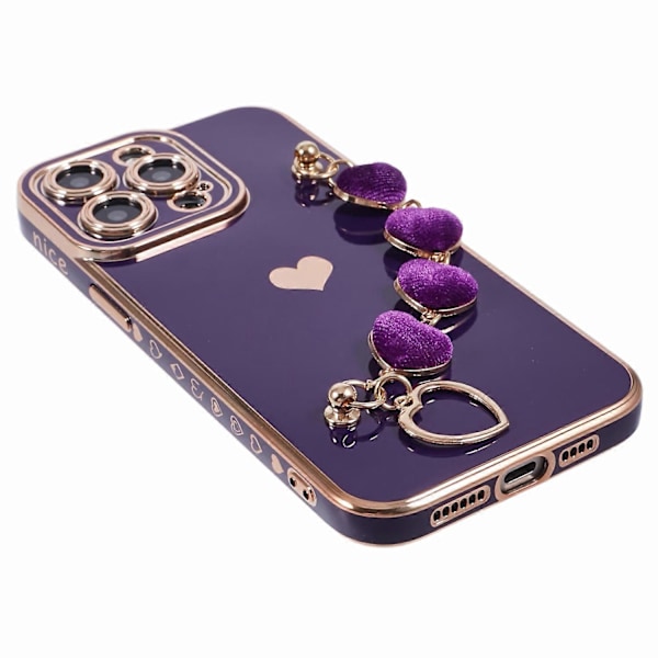 Elektroplettert TPU-telefondeksel med hjertekjedestropp for iPhone 15 Pro Multicolor Style D