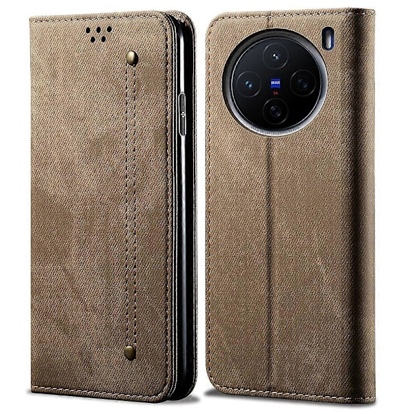 For vivo X200s 5G Deksel Jeans Stofftekstur Anti-Ripe Lær Stativ Telefondeksel Multicolor Khaki