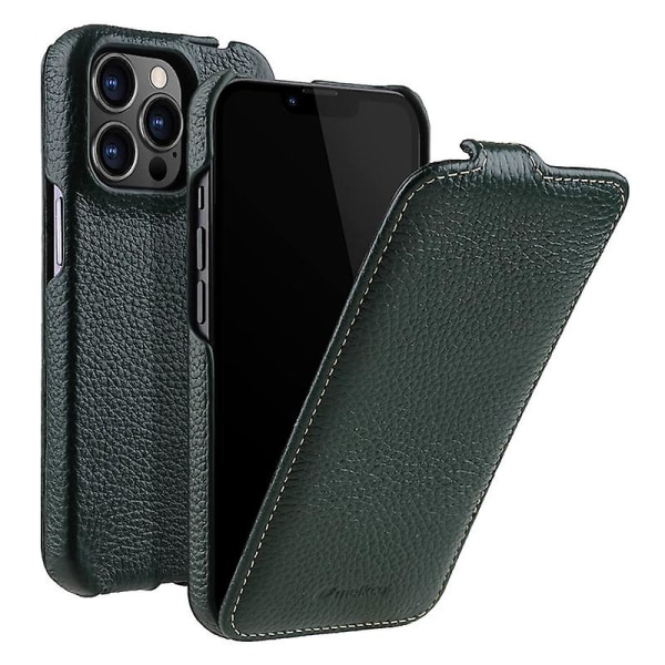 För Iphone 13 Pro Litchi Texture Phone case Läder+pc Vertical Flip Back Cover Dark Green