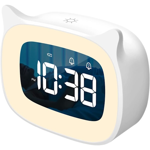 Barnevekkerklokke med nattlys, trinnløs dimming, søt katteøre digital klokke for gutter og jenter, 5 minutters alarm, ok å vekke barn (hvit)