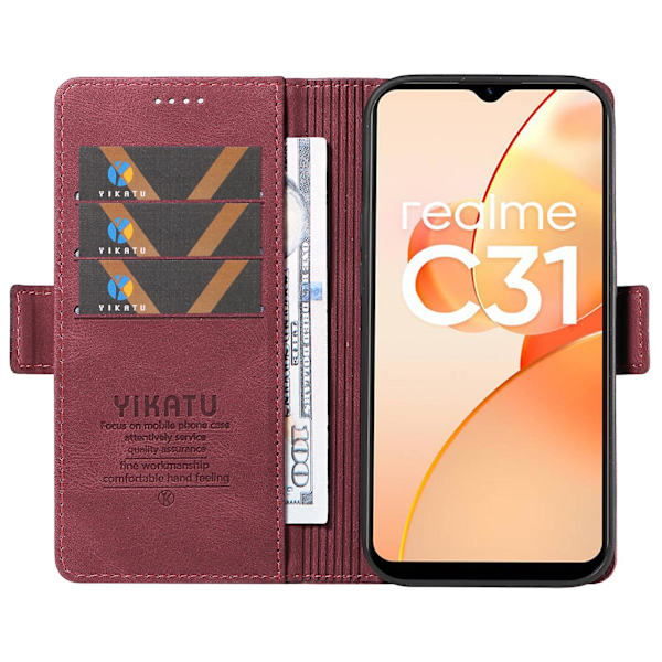 Pu Phone case för Realme C31 Wallet Skin-touch Flip Stand Cover Wine Red