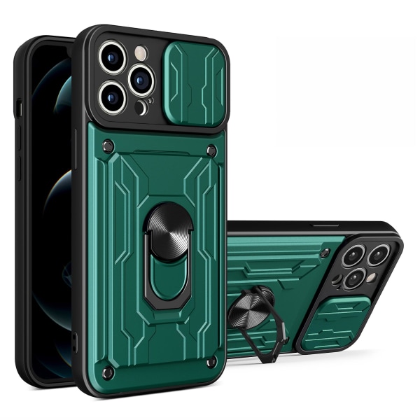 For iPhone 15 Pro Max Skyve Kamera Beskyttelse Støtte Telefondeksel Kortholder Mobiltelefondeksel Blackish Green