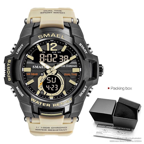 Smael Dual Time Army -urheilukello miehille, valoisa, vedenpitävä kvartsi digitaalinen rannekello herätyskellolla ja LED-taustavalolla sekä kalenterilla 1805 Khaki-Box