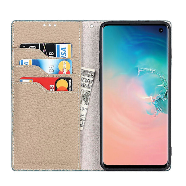 Läderfodral med litchi-struktur, äkta läder, flipfodral, anti-repor, ställfunktion för Samsung Galaxy S10