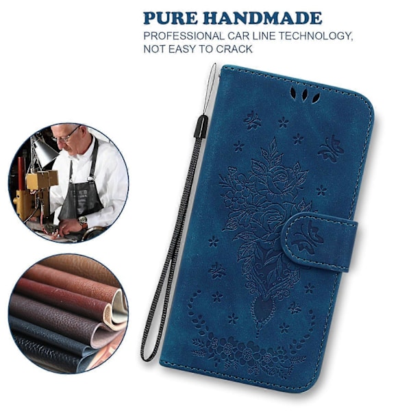 Stand Wallet Læder Etui til Nokia C32, Rose Sommerfugl Præget Fuld Beskyttelse Telefon Cover - Grøn Multicolor Blue