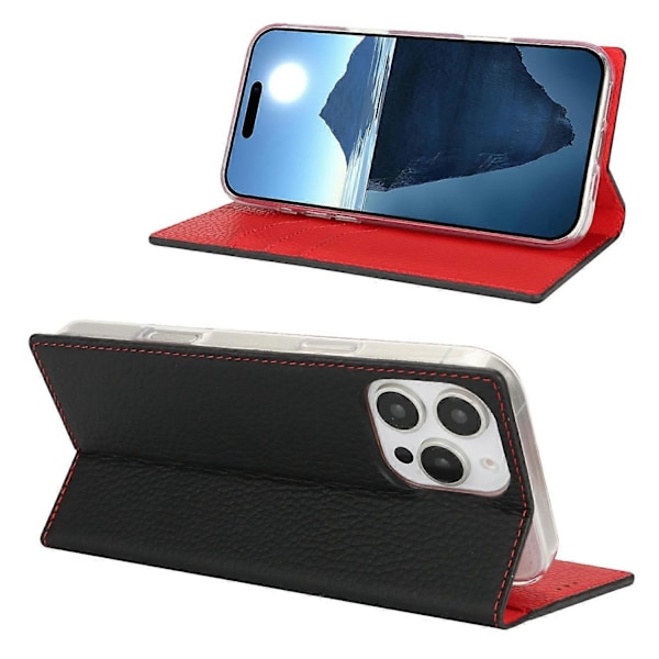 For iPhone 16 Pro Wallet Case Ægte Ko Læder Telefon Cover Litchi Tekstur Multicolor Style A
