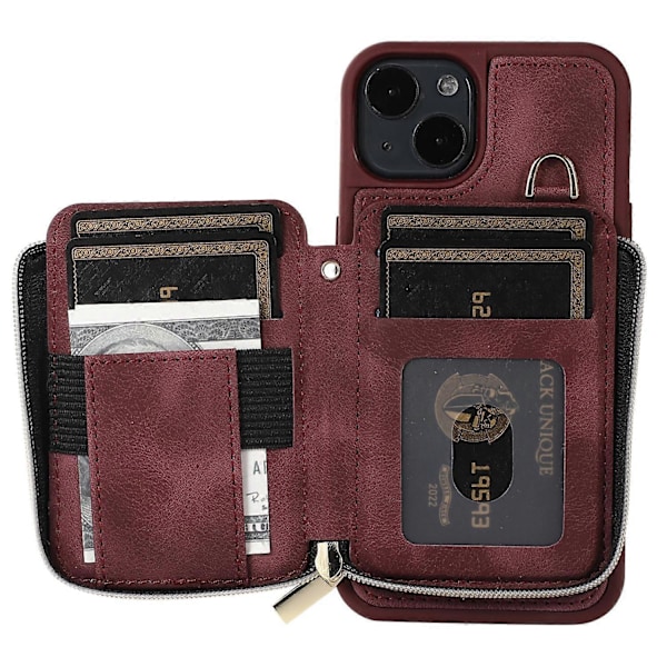 iPhone 13 Vetoketjullinen lompakkokotelo Jalusta PU-nahka+TPU-kuori Matkapuhelimen suojakuori Multicolor Style E
