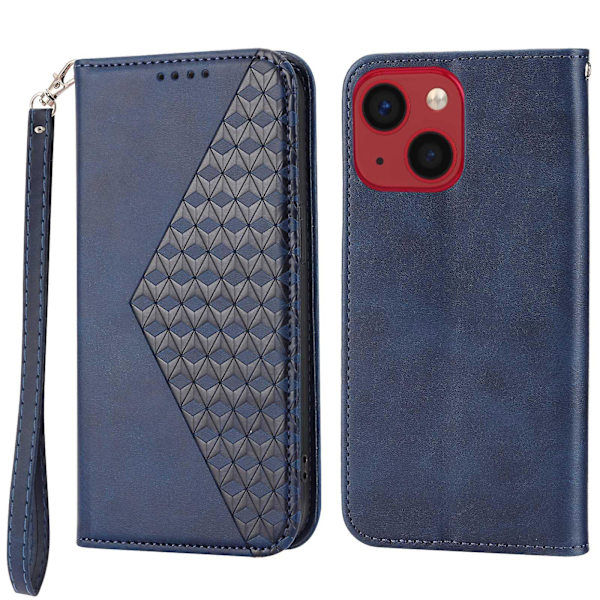 För Iphone 14 anti-scratch Kalv Texture Magnetisk Plånbok Pu Case Imprinted Rhombus Mönster Stand Cover med rem Blue