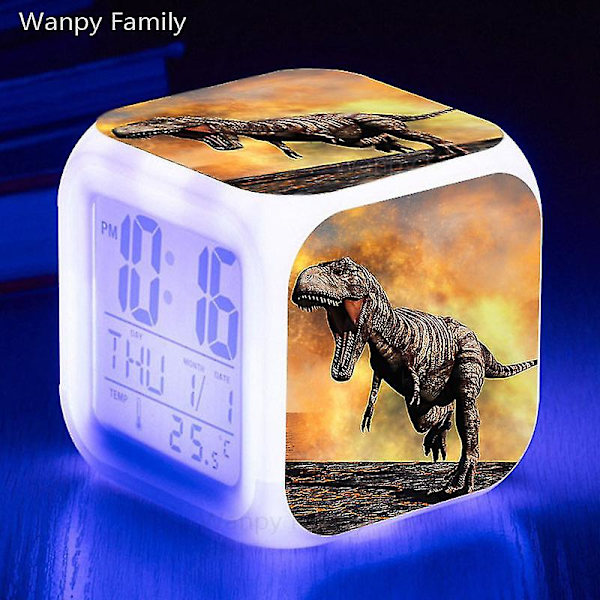Tyrannosaurus Dinosaurie Väckarklocka 7 färgbyte Multifunktions väckningstimer Barnrum Lysande elektronisk watch Present till barn Black