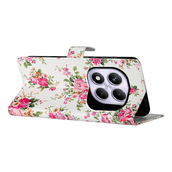 Pung etui i PU-læder med mønstertryk og stativ til Xiaomi Redmi Note 14 Pro 4G med rem Multicolor Red Flowers