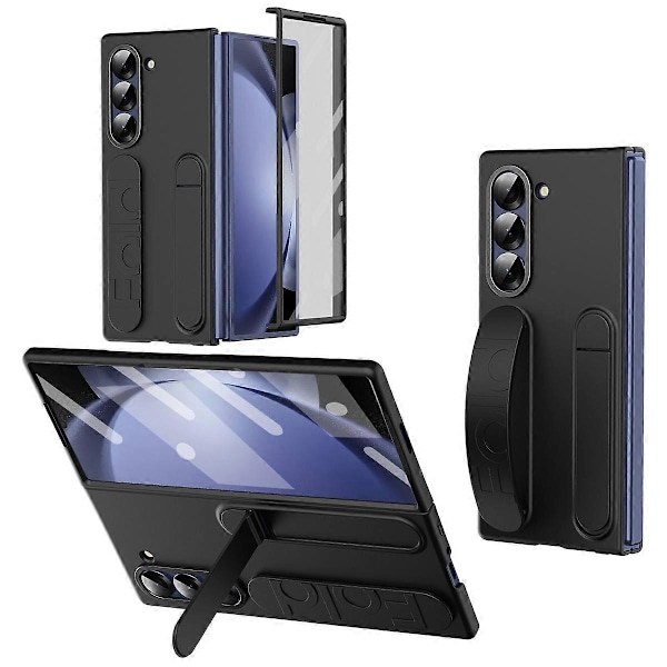 For Samsung Galaxy Z Fold5 5G Deksel Stativ Armbånd PC Telefondeksel med Herdet Glass Film - Grå Multicolor Black