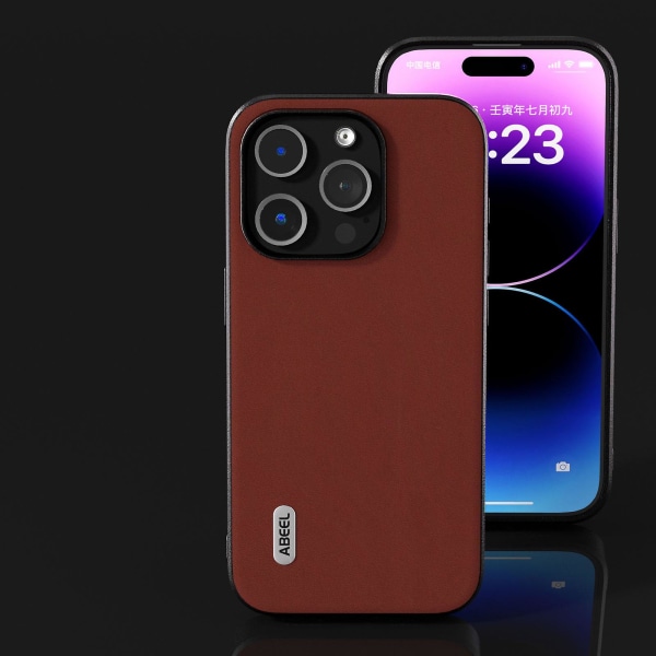 IPhone 15 Pro iskunkestävä puhelinkotelo, lehmännahkaa + PC + TPU naarmuuntumaton suojus Coffee