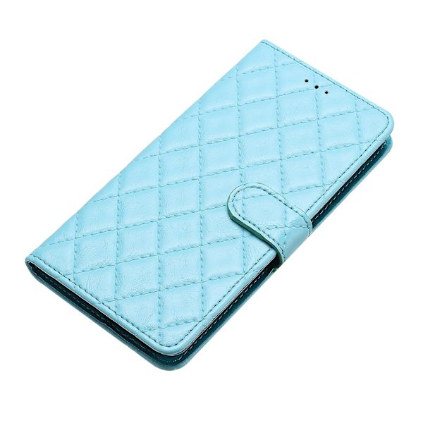 Stødsikkert Rhombus Syning Læder Etui med Pung og Støttefod til iPhone 15 Pro Sky Blue