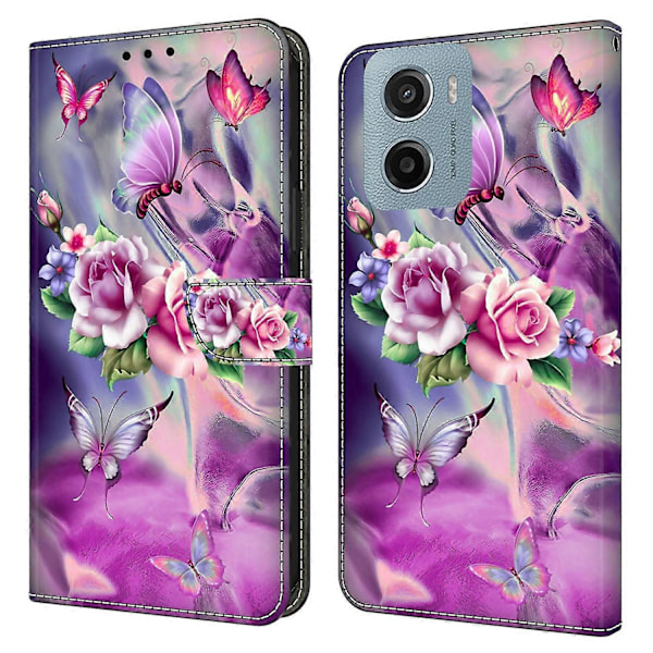 Motorola Moto E15 4G -kotelo, 3D-kuvioitu PU-nahkainen lompakkokotelo jalustalla Multicolor Butterflies/Flowers