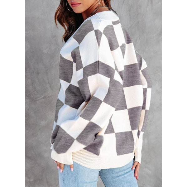 Dame Plaid V-hals Knap Ned Langærmet Kabelstrikket Oversized Cardigan Sweater Toppe Gray Small