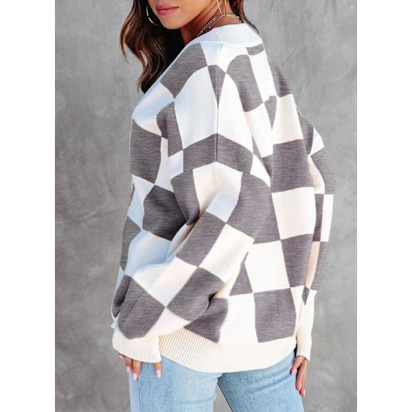 Dame Plaid V-hals Knap Ned Langærmet Kabelstrikket Oversized Cardigan Sweater Toppe Gray X-Large