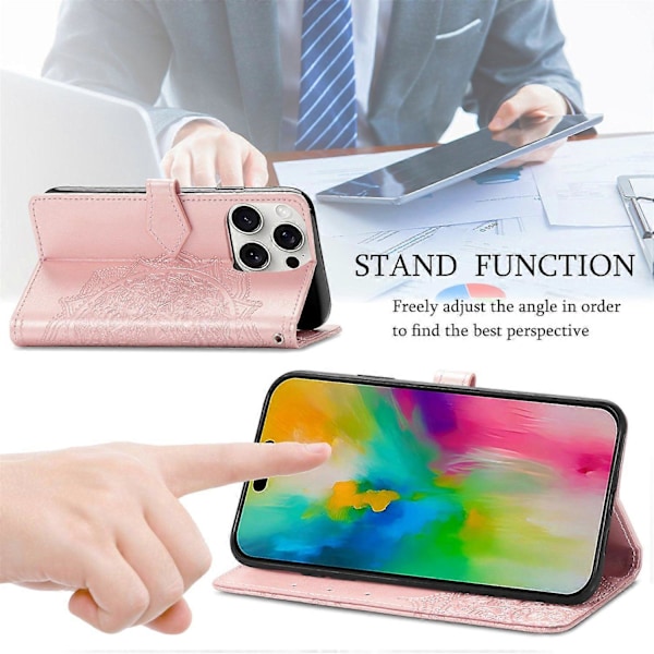 Til iPhone 16 Pro Max Wallet Case Mandala Blomst Læder Telefon Cover Stativ View-Grøn Multicolor Rose Gold