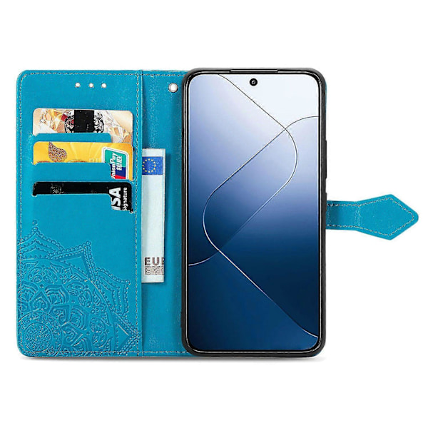 Til Xiaomi 14T Pro Etui Mandala Præget Design Læder Wallet Telefon Cover - Grå Multicolor Blue