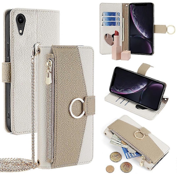 För iPhone XR Fodral PU Läder Telefonfodral Plånbok Sminkspegel med Axelrem - Grön Multicolor White