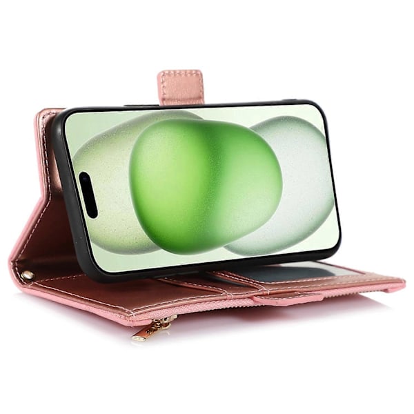 Fodral till iPhone 15 Plus med dragkedjeficka, PU-läder med litchistruktur och rem Multicolor Style A