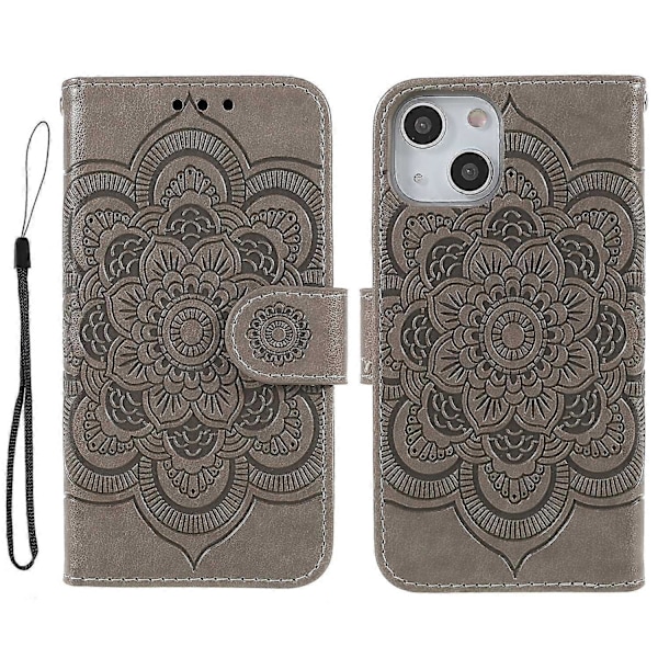 Präglad Mandala Blomma PU Läder Telefonställ Skydd Plånboksfodral med Rem för iPhone 13 6.1 tum Multicolor Style C