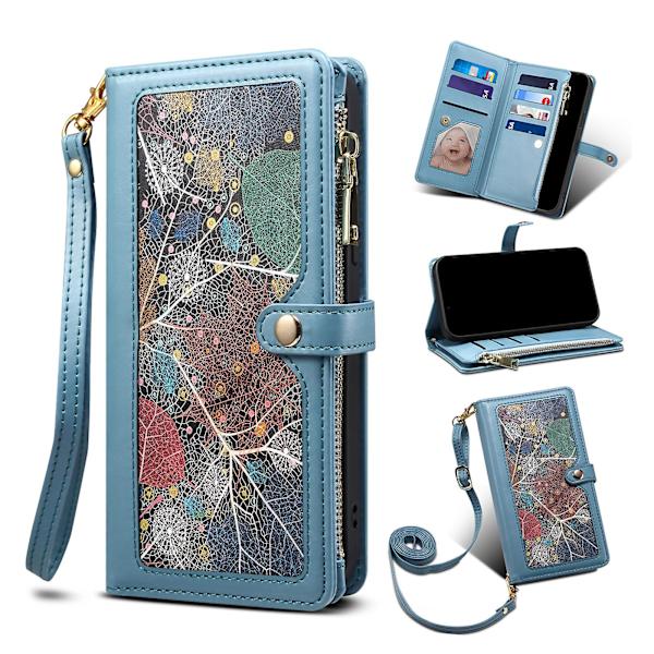 Rfid-blokerende telefoncover til Iphone 15 Pro Max, lynlåslomme Pu-læder Stand Wallet Cover Blue
