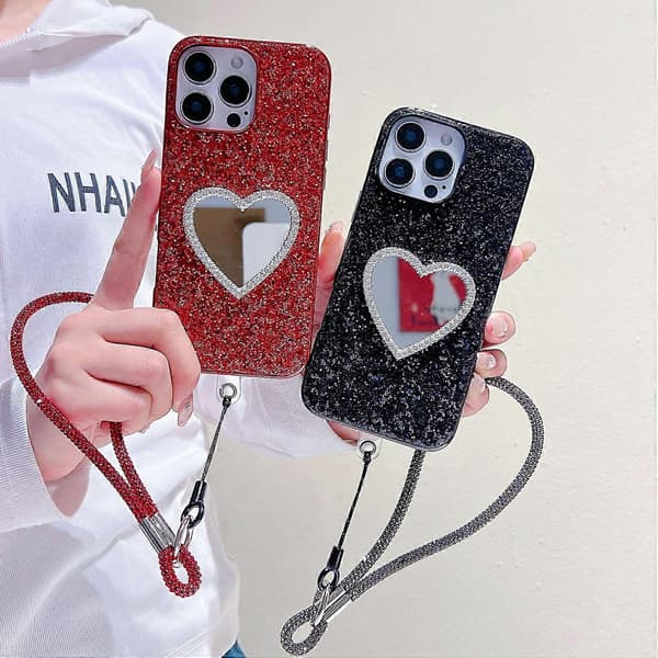 Deksel til iPhone 16 Pro Max med stropp, Speil TPU + PC glitrende glitter telefon bakdeksel Multicolor Silver
