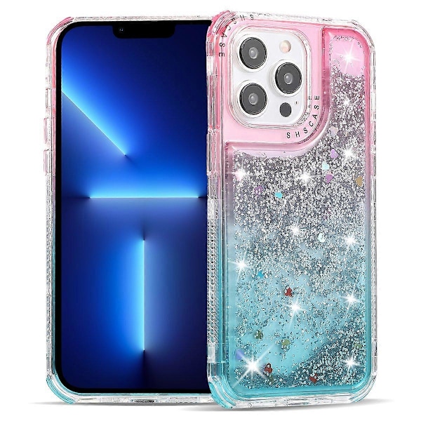 Til iPhone 13 Pro 6,1 tommer mobiltelefonetui TPU+PC Anti-drop Gradient Flydende Kviksandsskal Multicolor Pink+Light Blue