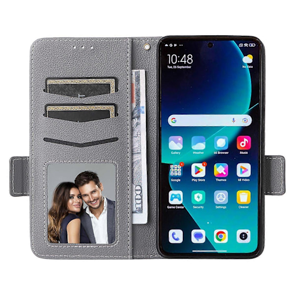 Til Xiaomi 14T Pro Etui Litchi Tekstur PU Læder Wallet Flip Telefon Cover- Multicolor Grey