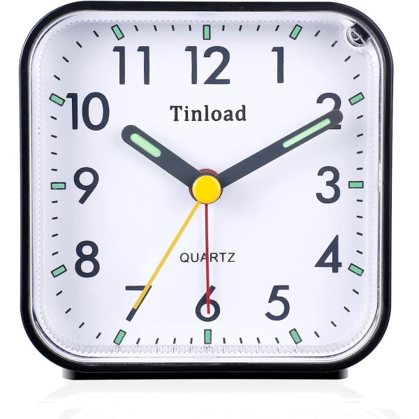Liten batteridriven analog väckarklocka Tyst, inte tickande, stigande pipljud, snooze, ljusfunktioner, enkel set(svart)