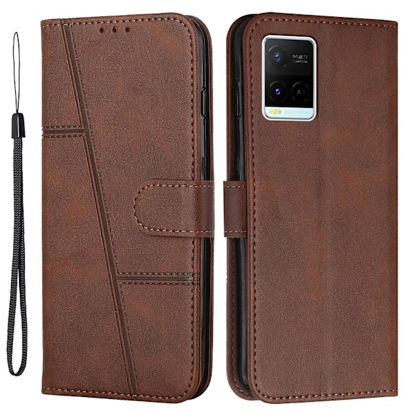 For Vivo Y33s / Y21s / Y21 Sammenleggbart Stativ Sydd Pu-Lærveske Stativ Magnetisk Lukking Støtsikker Flip Folio Bokdeksel Med Stropp Brown