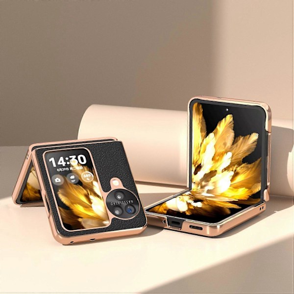 Äkta Läderfodral + PC Elektropläterat Telefonskydd för Oppo Find N3 Flip 5G Multicolor Style A