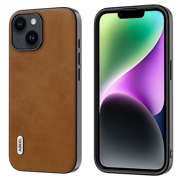 För Iphone 15 Plus case Pu-läderbelagd Tpu+pc Cowhide Texture Cover Light Brown