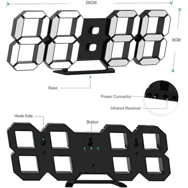 Sort 3D LED Digital Væg Ur Stort Lysende Vækkeur Lydløs Snooze Funktion Justerbar Lysstyrke