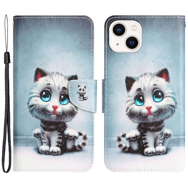 Til Iphone 15 Plus Folio Pu Læder Stand Wallet Case Mønster Print Telefon Cover Med Rem Blue Eyes Cat