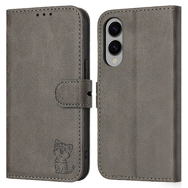 Til Samsung Galaxy S25 Edge Etui Glad Kat Mønster Præget Læder Wallet Telefon Cover Multicolor Grey