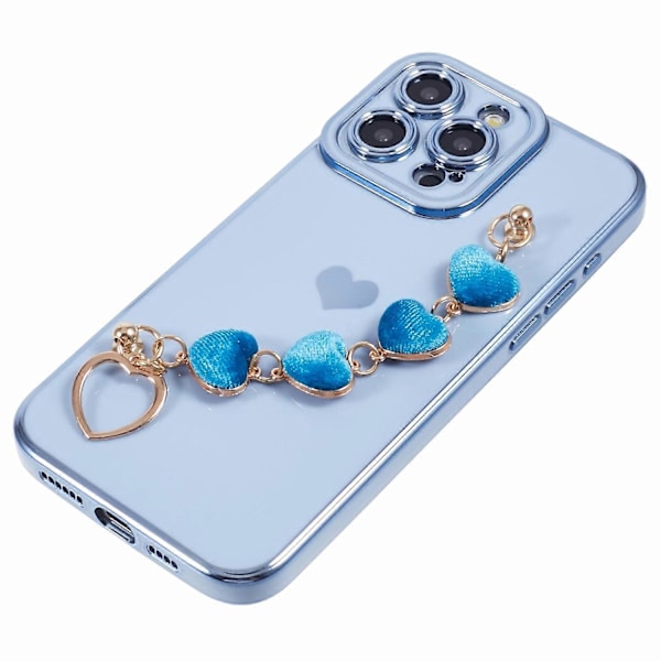 Elektroplettert TPU-telefondeksel med hjertekjedestropp for iPhone 15 Pro Multicolor Style B