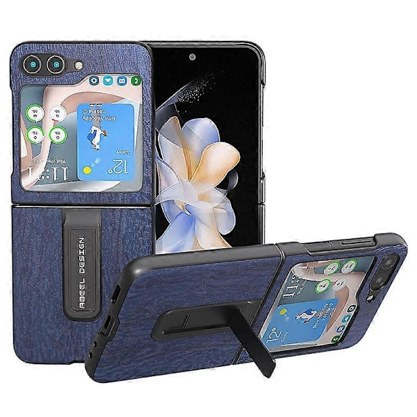 Til Samsung Galaxy Z Flip5 5G Trætekstur Bagside PU Læder+PC Støtteben Telefon Cover Multicolor Style B