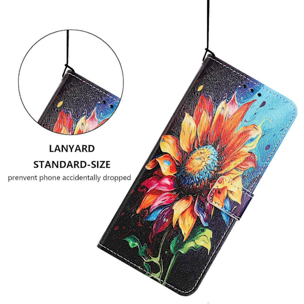 YX-2501 Lompakkokotelo Honor 400 Lite -puhelimelle, kuvioitu PU-nahkainen suojakuori kaulanauhalla Multicolor Sunflower