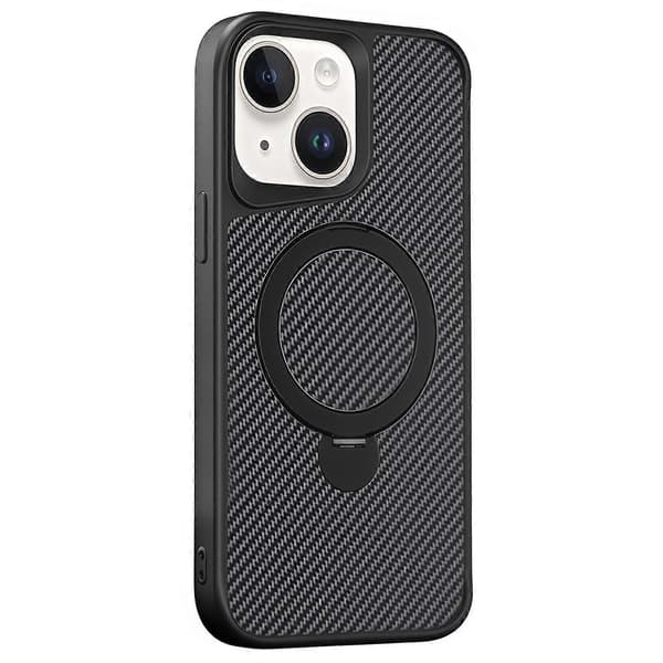För iPhone 14 Mobilskal med Magnetiskt Ställ TPU+PC Kolfiber Baksida - Grå Multicolor Black