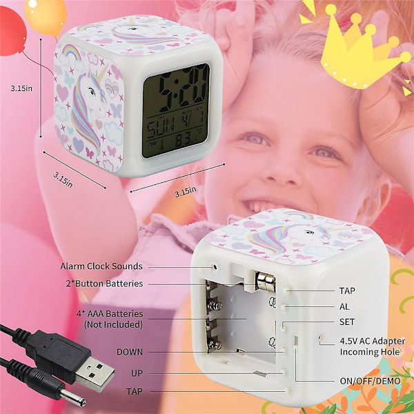 Unicorn Nattljus Barn Flickor Väckarklockor 7 Färger Led Glödande Vakna Sängklocka Födelsedagspresent