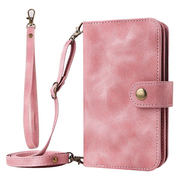 För Iphone 14 Pro Max Anti-dropp phone case Stativ Blixtlåsficka Läder Cover med remmar Pink