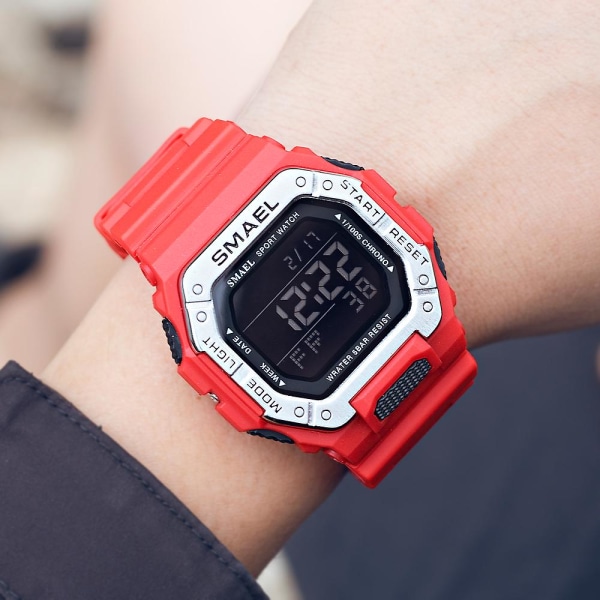 Smael Herre Sportsure Digitalt LED Ur Vandtæt Auto Dato Militær Army Grøn Firkantede Armbåndsure 8059 Gummirem Red