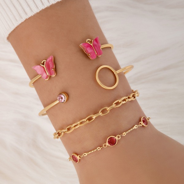 23020-Pink Fashion Dam Butterfly Imitation Gemstone Skelett Fyra Layers Armband Geometric Skeleton Armband Set