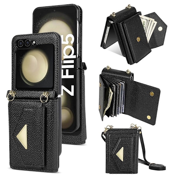 For Samsung Galaxy Z Flip5 5G Deksel Kortlomme Design Lær+PC Deksel med Skulderstropp Multicolor Style A