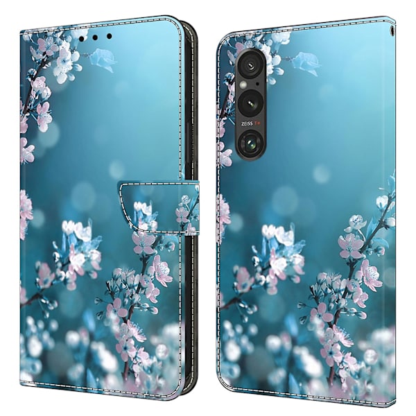 Til Sony Xperia 1 V Wallet PU Læder Beskyttelsesetui 3D Mønster Print Stå Telefon Cover Plum Blossoms