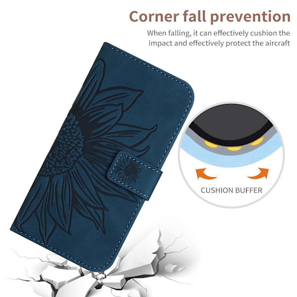 Til Samsung Galaxy A22 5g (EU Version) Ht04 Præget Solsikke Pu Læder Smartphone Cover Stativ Stødsikker Hud-venlig Telefon Wallet Etui Med Skulderrem Dark Blue