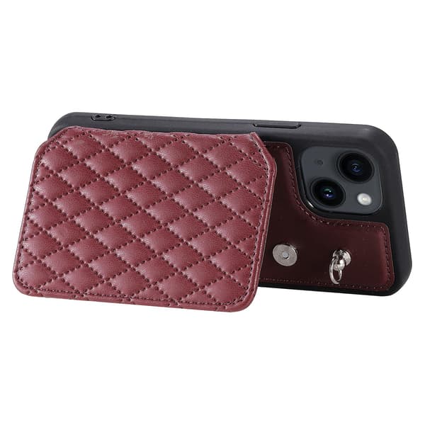 For iPhone 15 Plus RFID-blokkerende deksel, fallsikkert PU+TPU-telefondeksel med håndleddsstropp Wine Red