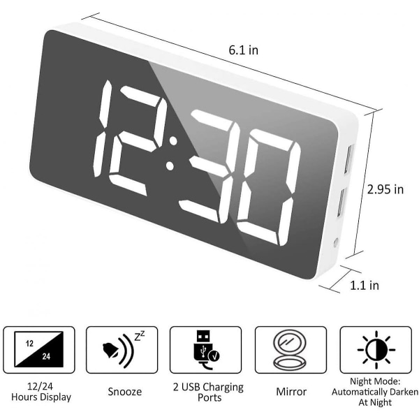 Digitalt Vækkeur Stort Spejl LED Ur Snooze Funktion Dæmpningstilstand Sengelampe Ur Til Soveværelsesindretning - hvid